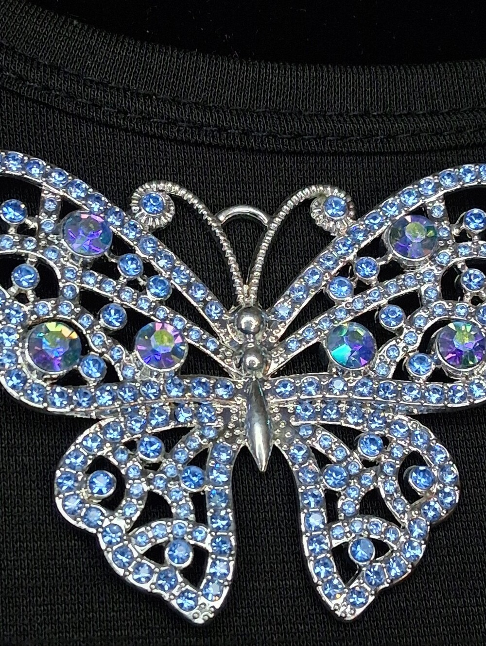 Silver Butterfly Necklace with Blue and Iridescent Crystals - Picture 3 of 3